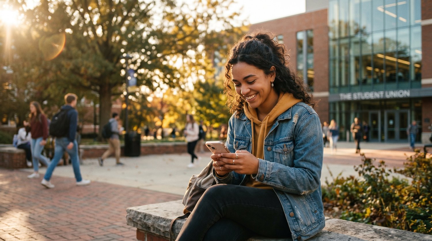 A student smiling at her phone on campus outside the student union